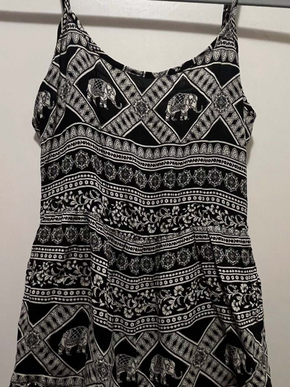 Forever 21 Elephant Print Boho Ruffle Trim Romper Black White - Size Small